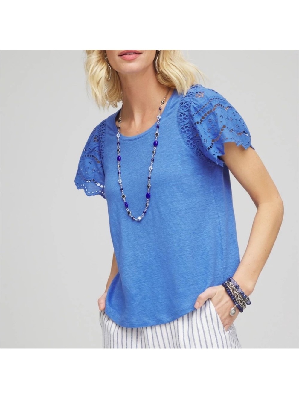 Chico's Royal Blue 100% Linen Eyelet Flutter Sleeve Short Sleeve Tee Top 3/XL